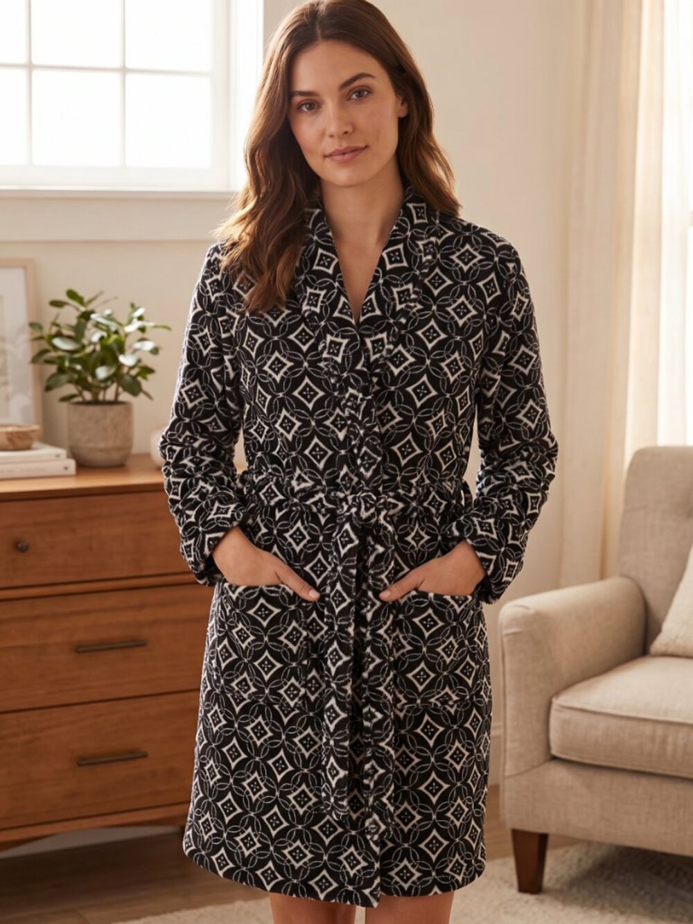 Vera Bradley Concerto Black White Geometric Mandala Hooded Fleece Robe size S